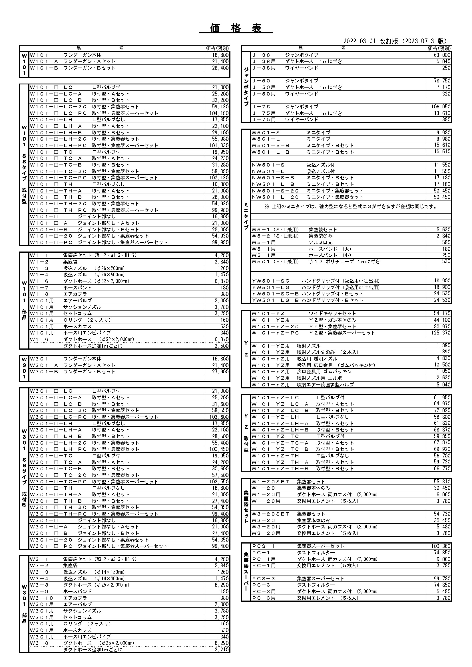 価格表（表面）